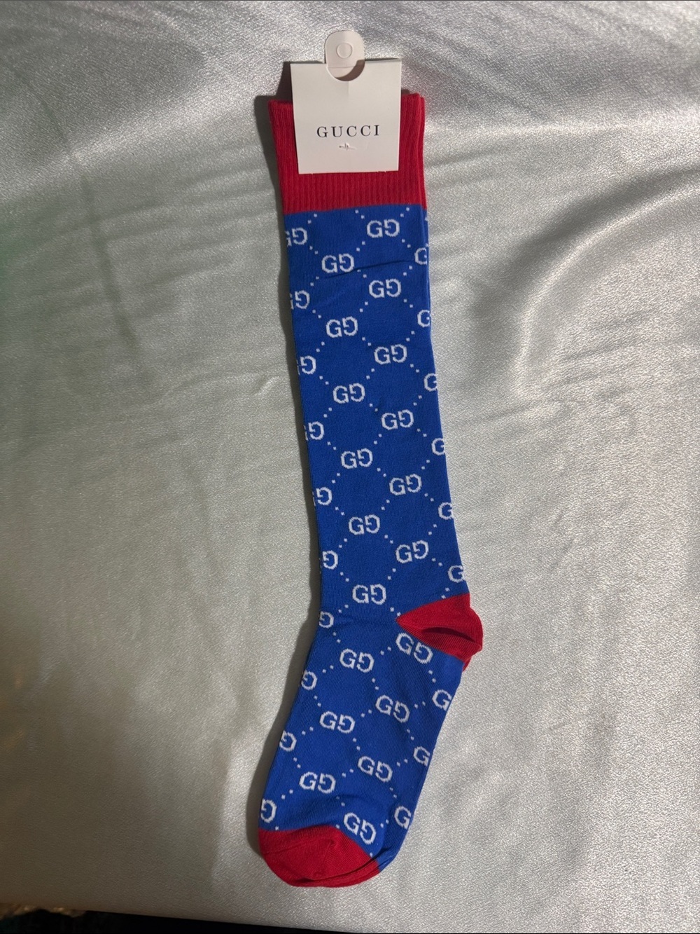 Gucci Blue Socks with Red Cuff, Heel & Toe - GG Monogram🔥New! - Picture 2 of 3